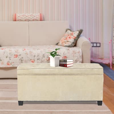 Adeco Rectangular Storage Ottoman Bench Fabric Linen Footstool Assembly Required