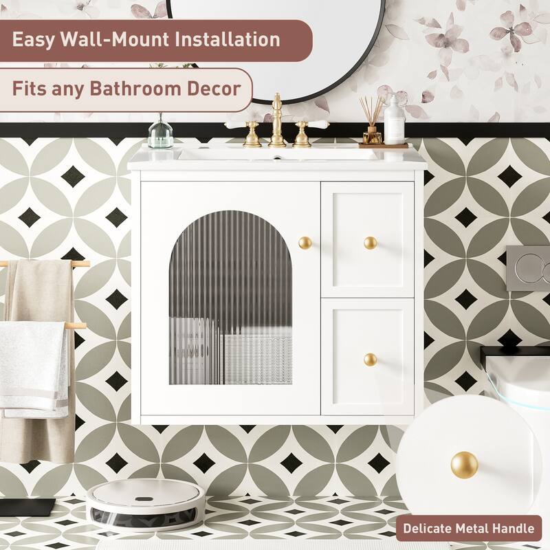 24 Inch Wall Mounted Bathroom Vanity with Ceramic Sink, Small Space Vanity Cabinet with Drawers and Door