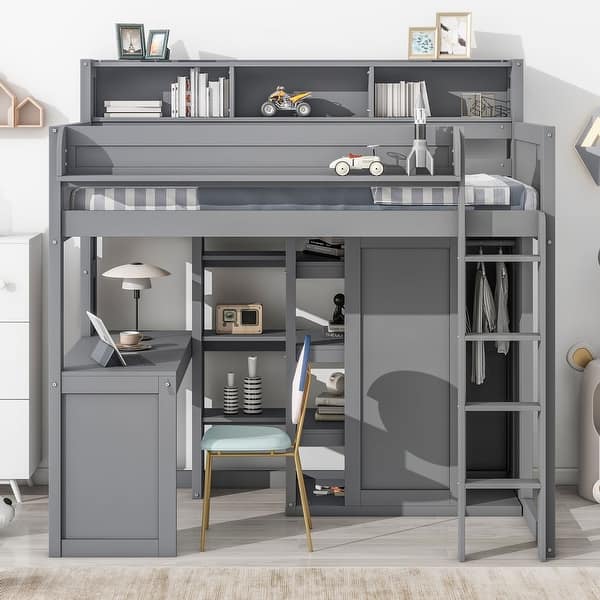 slide 2 of 26, Elegant Sturdy Wood Twin Loft bed with Multiple Storage Shelves and Wardrobe, Built-in desk and Full-length Guardrails, Grey