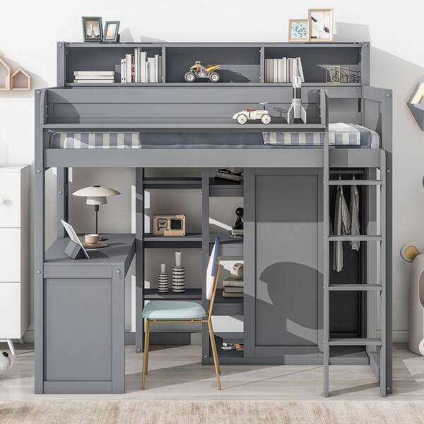 slide 2 of 13, Multifunctional Wood Twin Size Loft Kids Bed with Shelves and Wardrobe Grey