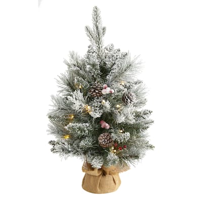 2' Pre-Lit Potted Flocked Artificial Christmas Tree, Clear Lights - 2 Foot