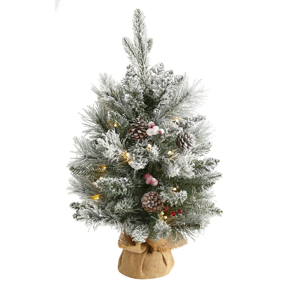 2' Pre-Lit Potted Flocked Artificial Christmas Tree, Clear Lights - 2 Foot