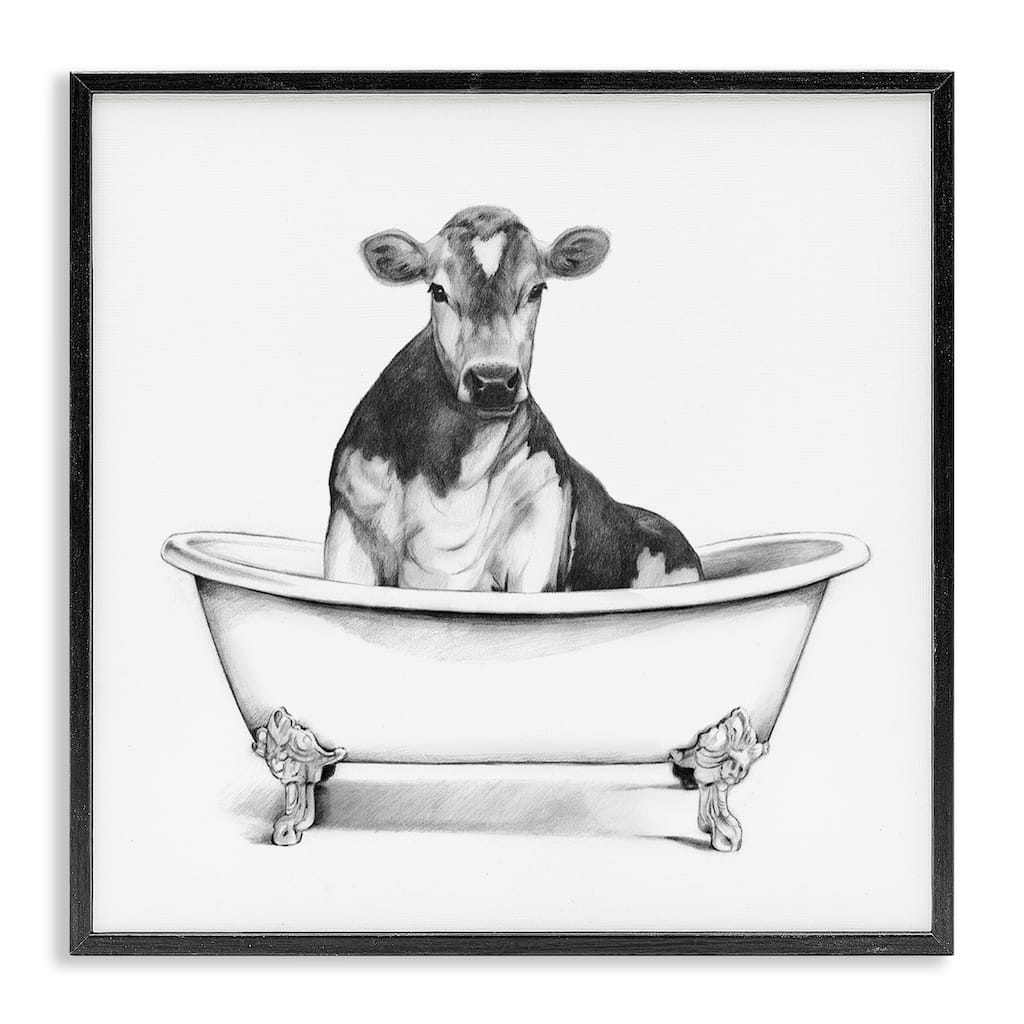 Stupell Cow in Claw Tub Minimal Farm Animal Sketch Framed Wall Art,12x12 - White