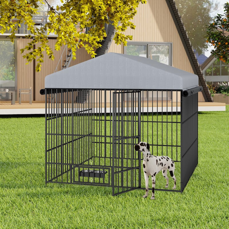 GDF Studio - Rockwell Outdoor Dog Kennel with Roof Cover & Feeding System - Black & Gray