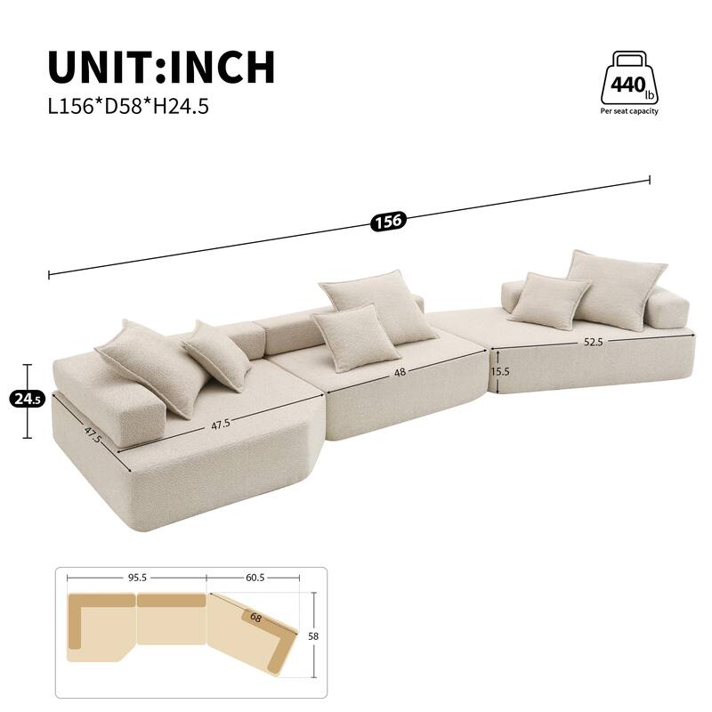 Roomfitters Oversized Modular Sofa with 3-Piece Boucle Set, Convertible Floor Couch for Living Room, Beige