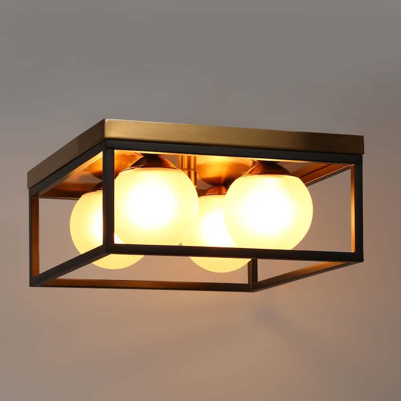 Modern Black Gold 4-Light Semi Flush Mount Ceiling Light with Frosted Globe Glass - D14"xH6.5"
