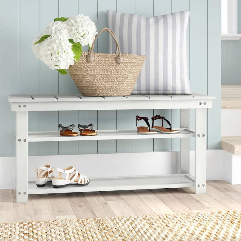 Modern Solid Wood Shoe Storage Bench with 2 Shelves for Entryway Seating and Organized Closet Space - 35.5”L x 12”W x 17”H