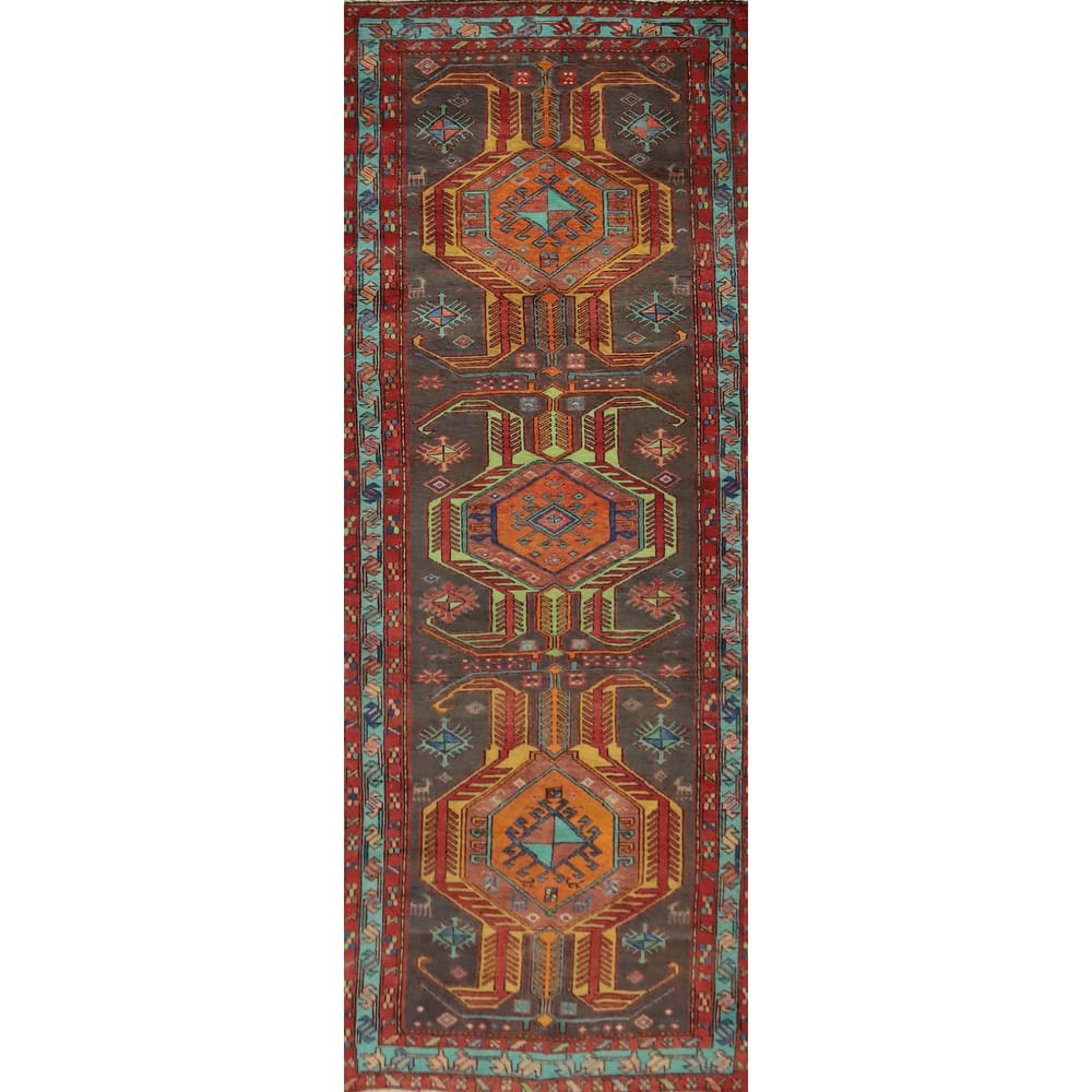 Hand Knotted Oriental 100% Wool Carpet Traditional Tribal Greys & Charcoal Ardebil Runner Rug - 11' 2'' X 3' 3''