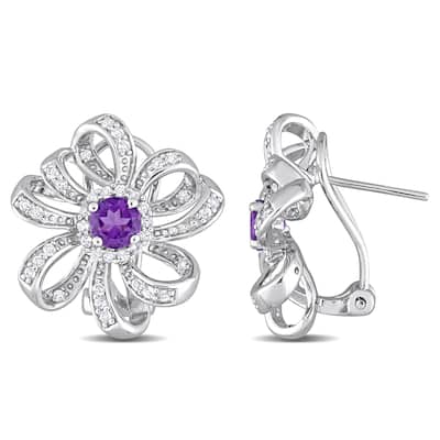 Miadora African Amethyst and White Topaz Floral Earrings in Sterling Silver