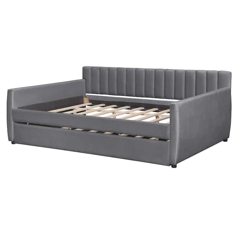 Full Size Upholstered daybed with Trundle and Wood Slat Support