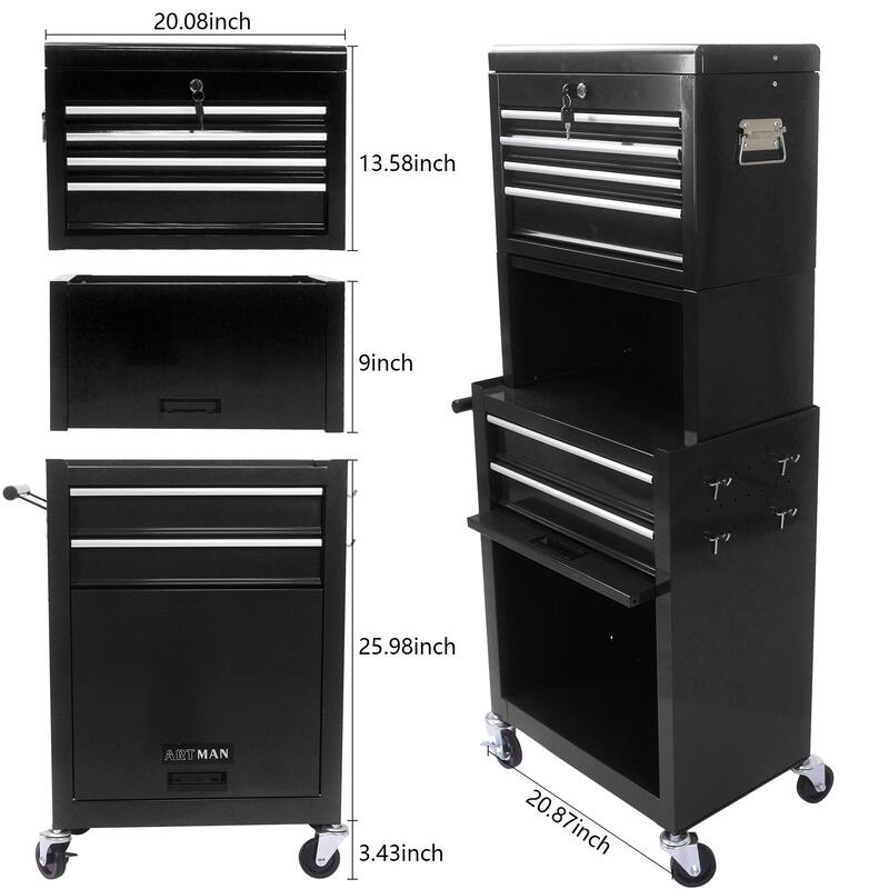 Rolling Tool Chest With 4 Wheels 6 Drawers Bottom Cabinet Large Capacity Tool Storage Cabinet