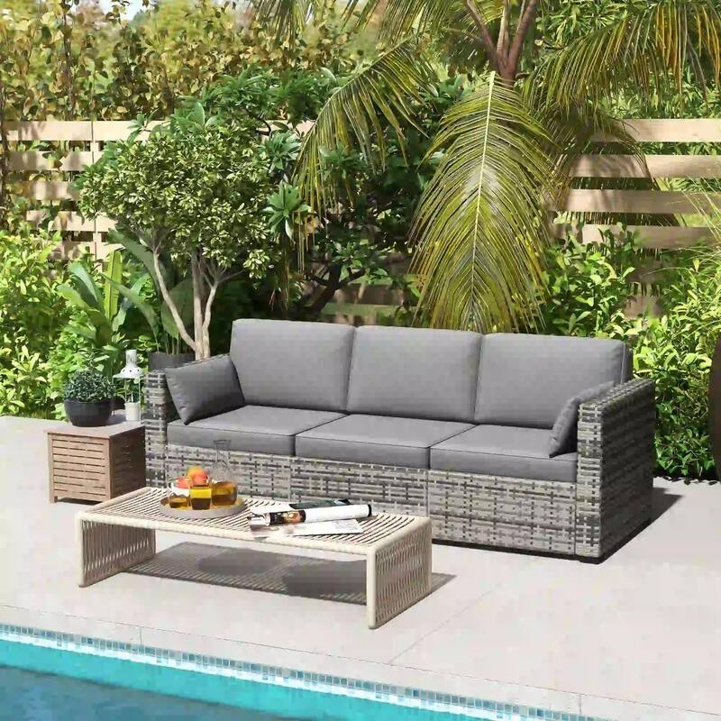3 Seater Patio Sofa, Deep Seating PE Rattan, All Weather Cushions