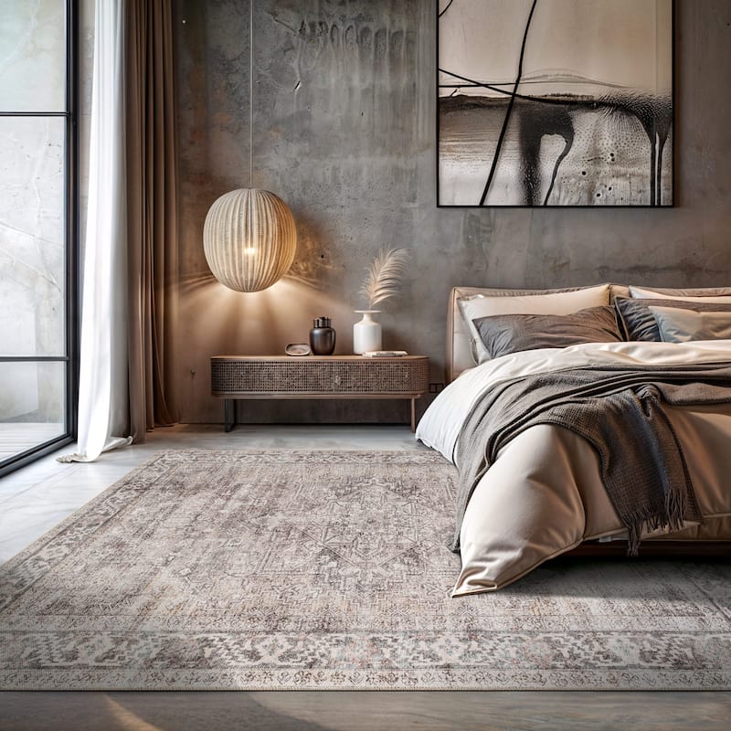 Beige Classic Washable Rug - Flat Pile, Non-Slip, Versatile for Any Room