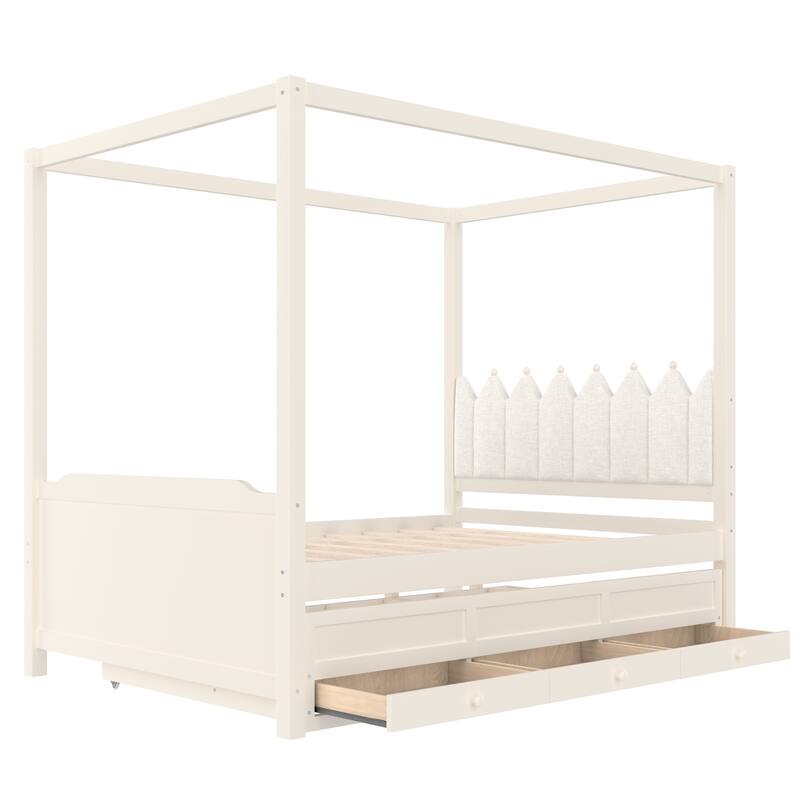 Roomfitters Canopy Bed with Trundle and Drawers, Upholstered Crown Headboard, Solid Wood Frame