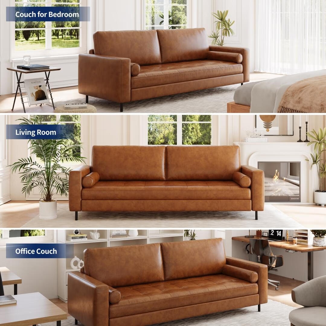 Mid-Century Modern Brown Faux Leather Sofa – 3-Seater Upholstered Couch with Bolster Pillows, Tufted Seat, and Solid Wood Frame