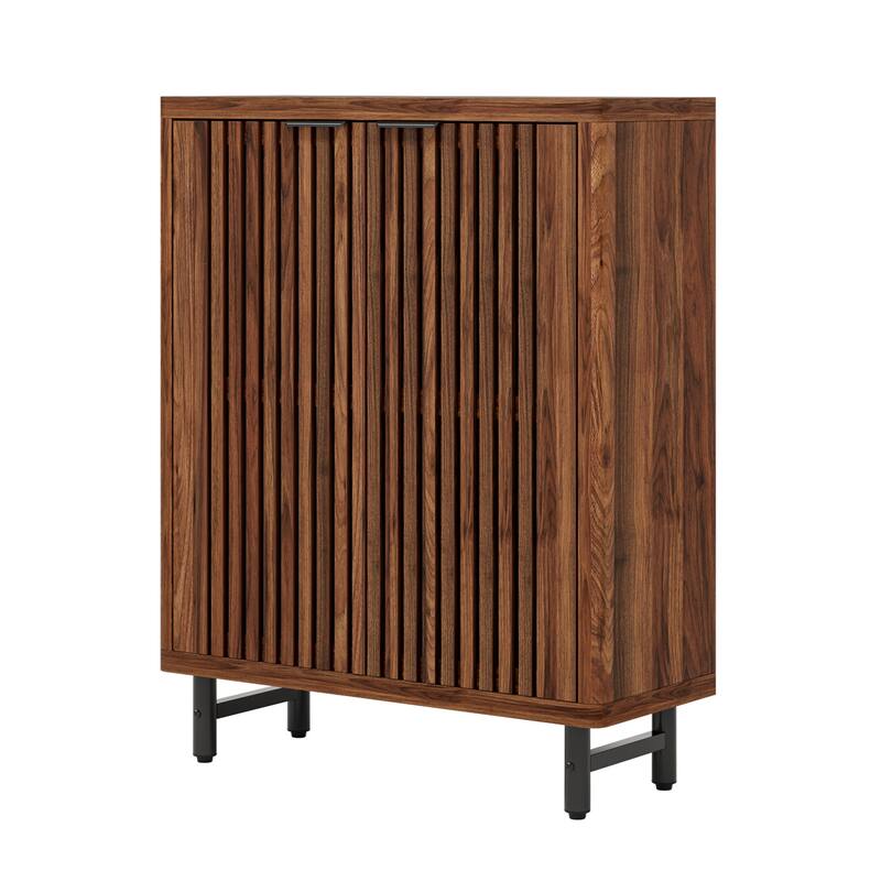 33" Modern Walnut Wooden 6-Tier Shoe Cabinet with Louvered Doors