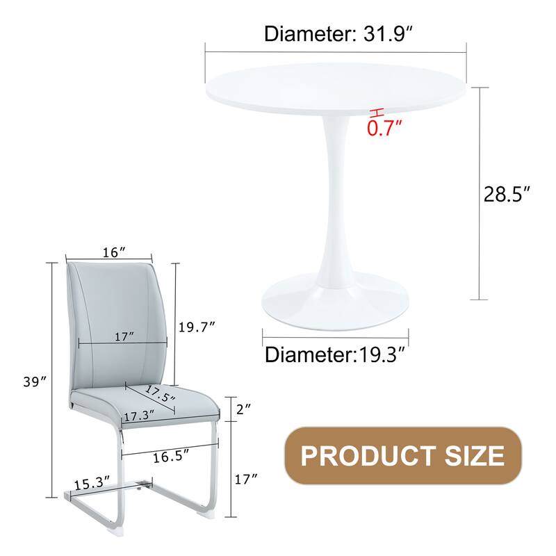 Modern Dining Table Set with Circular White Top, Ergonomic Arched Chairs, Hourglass Metal Legs, Anti-Slip Feet