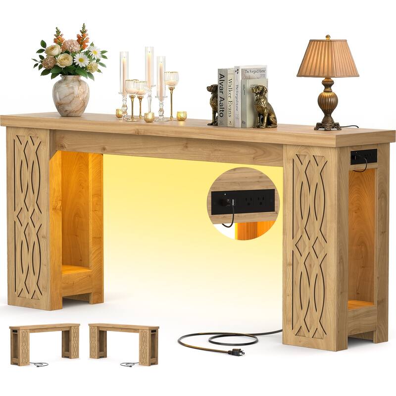 63" Farmhouse Console Table with RGB LED Lights ＆ Power Outlets, Unique Carved Design Entryway Table, Wooden Sofa Table