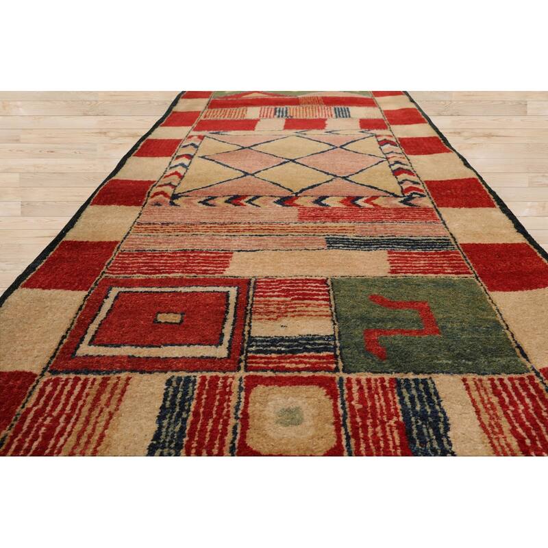 Hand Knotted Red, Green Tibetan Wool Modern Oriental Area Rug - 2' 7'' x 12' 3''