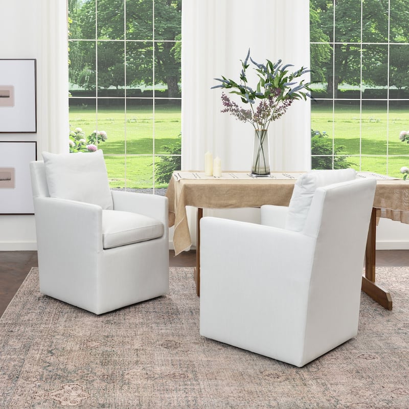 KINWELL Performance Fabric Upholstered Rolling Dining Armchair (Set of 2) - Ivory