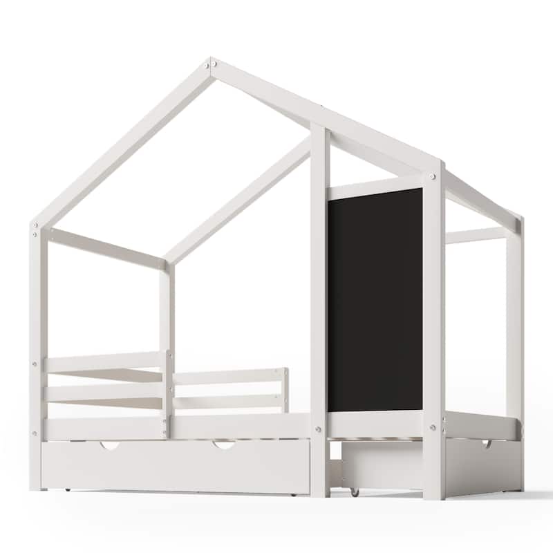 Roomfitters Size House Bed with Blackboard Panels and Storage Drawers, Two Assembly Options, White
