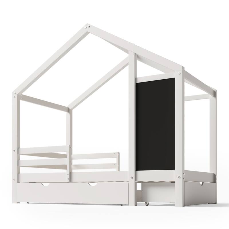 White Full House Bed with Blackboard, 3 Drawers & Protective Rails, 550LBS Capacity