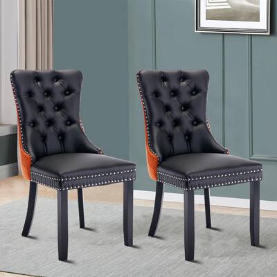 Stylish Set of Two PU and Velvet Upholstered Dining Side Chairs with Black Wood Legs