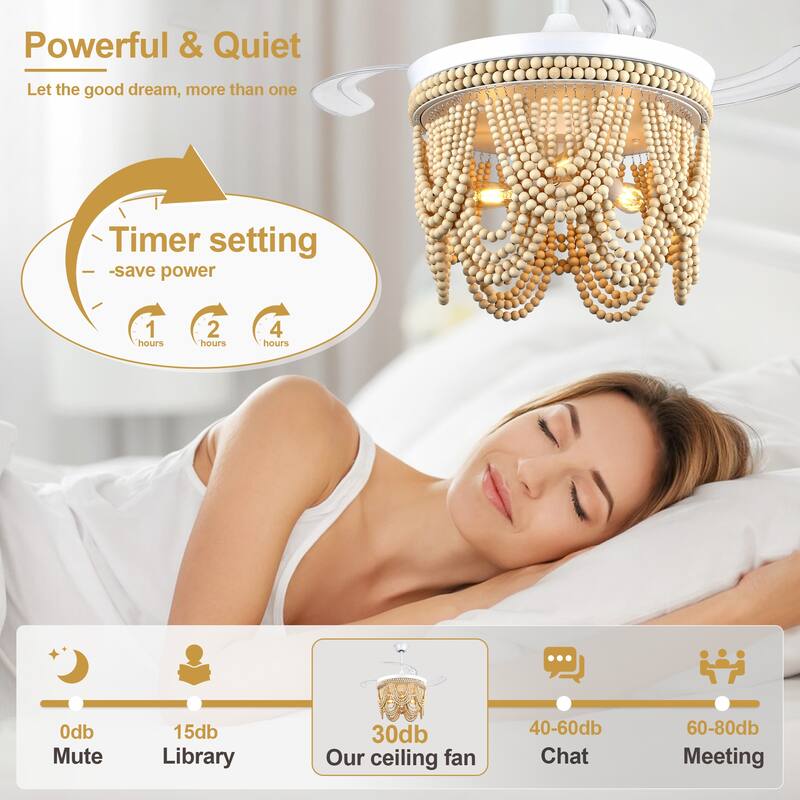 Cusp Barn 42" Retractable Ceiling Fan with Light, Farmhouse Wooden Bead Chandelier, Quiet DC Motor 6 Speeds Bohemian Ceiling Fan