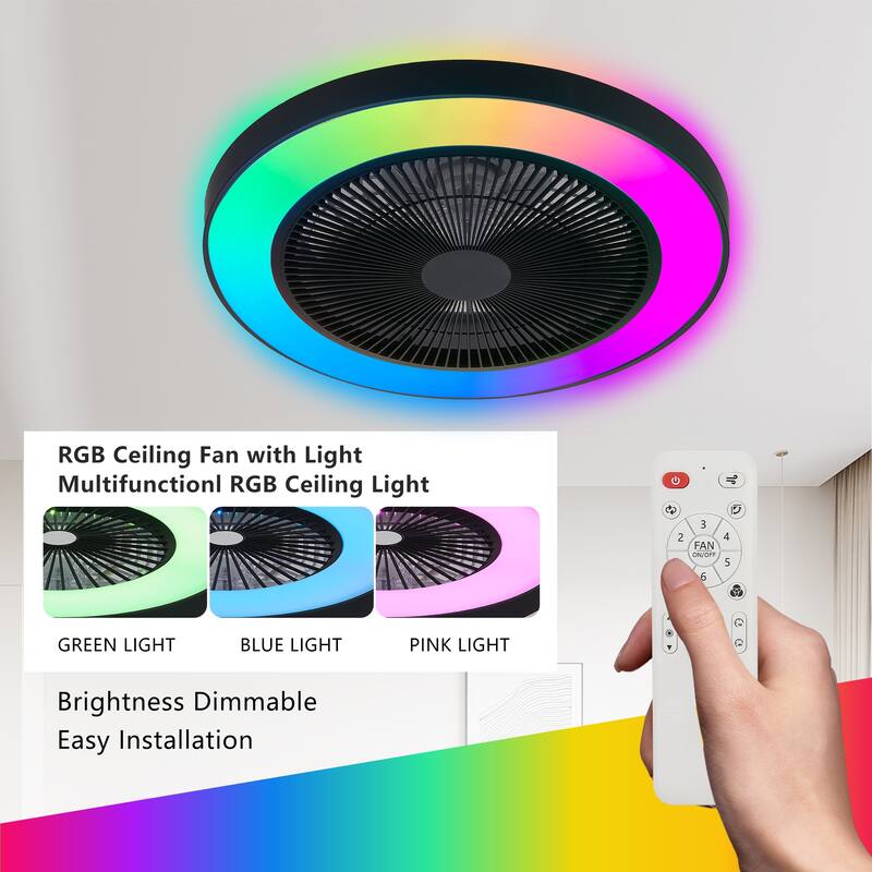 RGB Ceiling Fan Lights, Modern Flush Mount Ceiling Fan, 6-Speed Reversible DC Motor Ceiling Fan