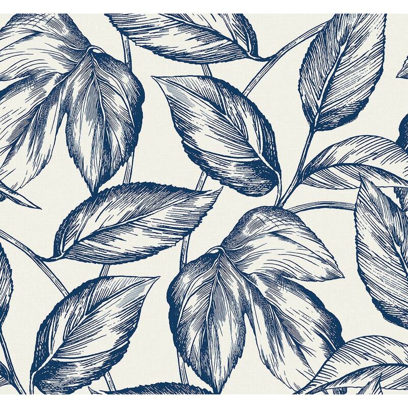 Seabrook Designs Beckett Sketched Leaves Unpasted Wallpaper - 27 in W x 27 ft. L - Blueberry Hill