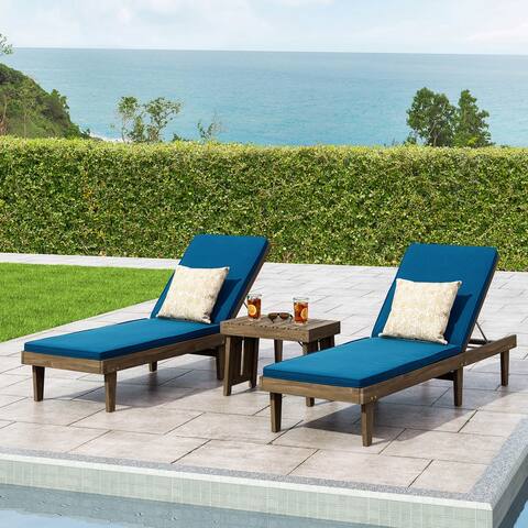 Nadine Outdoor Acacia Wood 3 Piece Chaise Lounge Set with Water-Resistant Cushions by Christopher Knight Home