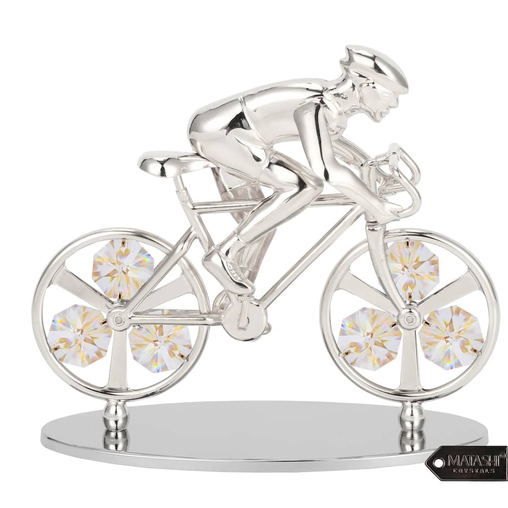 Matashi Silver Plated Cyclist on a Bicycle Figurine Embellished with Matashi Crystals, Gift for Sports Fan, Trophy, Office Decor
