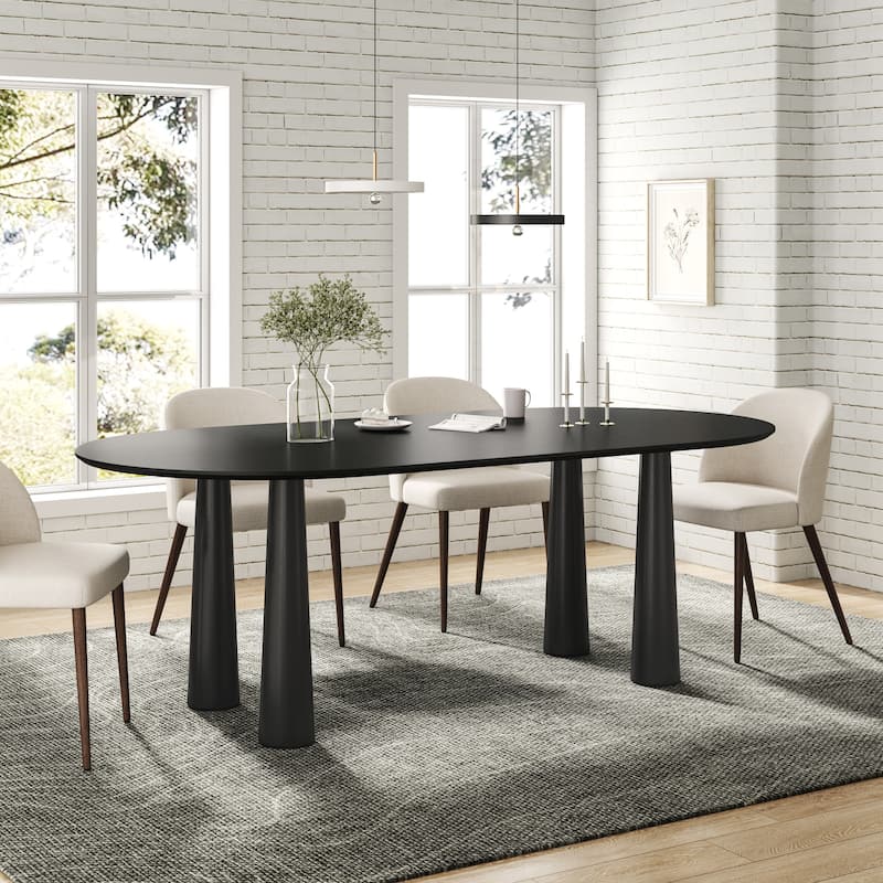 Modern Oval Black Dining Table - 79" Large Size, Sturdy Tapered Legs, Stylish Wood Grain for Dining Room