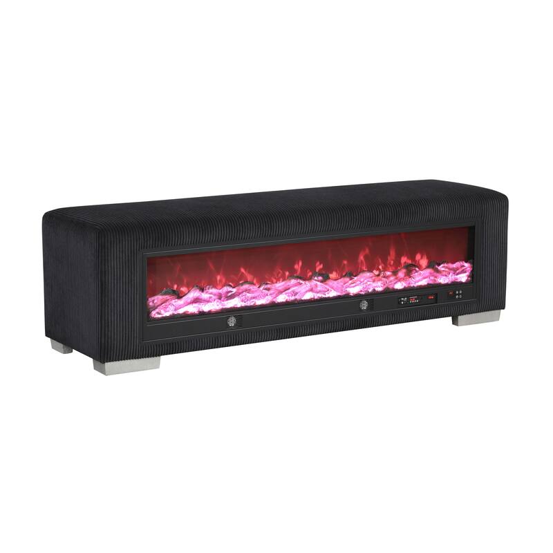 Furniture of America Goffney Chenille Bench with Fireplace Simulator and Bluetooth Audio