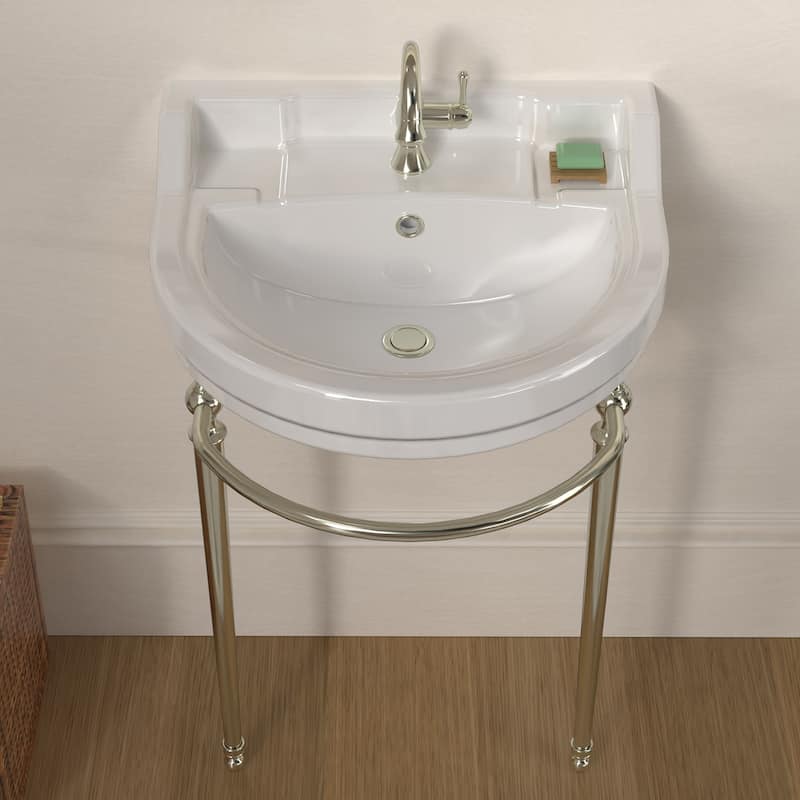 Whitehaus Console Sink With Semi-Circular Bowl, Metal Leg Supports and Front Towel Bar.