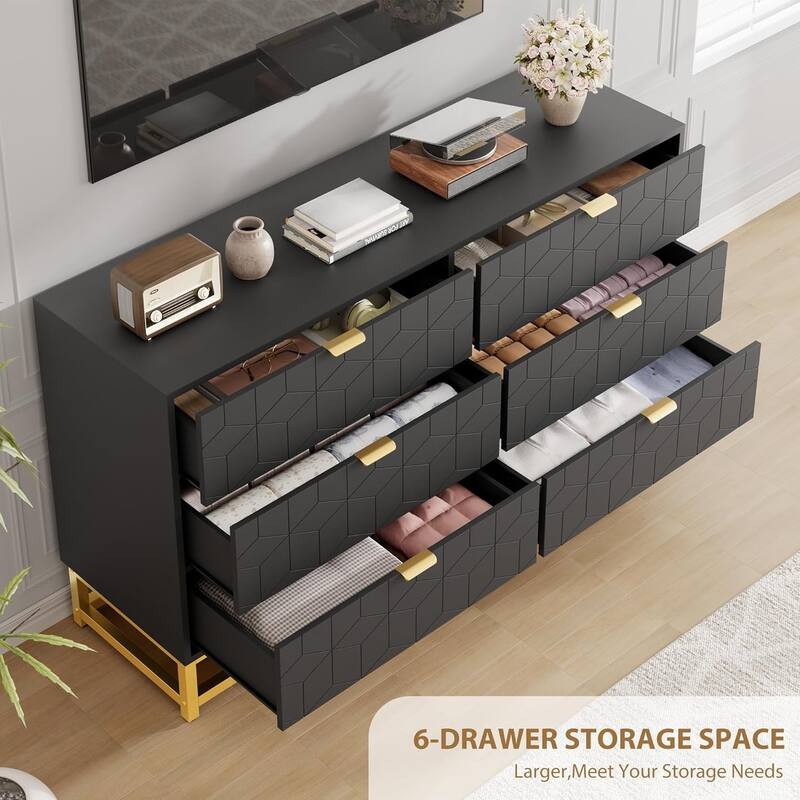 6 Drawer Dresser for Bedroom, Wide Chest with Storage Drawers and Metal Legs for Living Room or Entryway