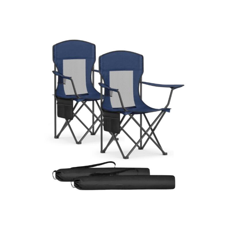 Set of 2 Foldable Camping Chairs with Mesh Back and Cup Holder Include Carry Bag for Outdoor Use - 20.3"D x 34"W x 38.2"H - Harbor Blue