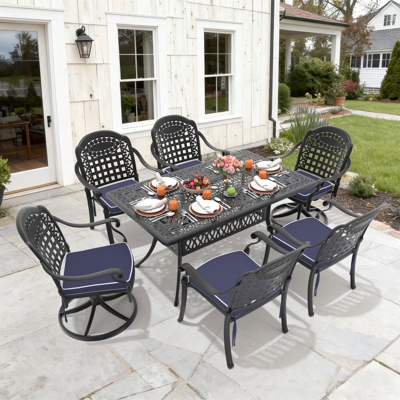 58.27in Rectangle Black Outdoor Dining Table with 2 Swivel & 4 Stackable Chairs, Cushions(7-Piece Set)