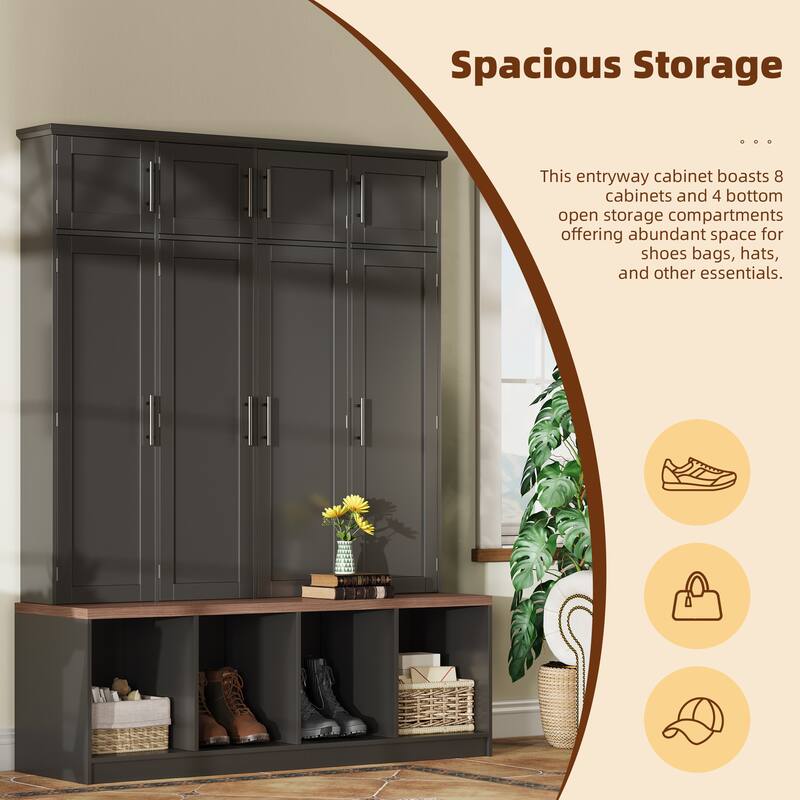 Farmhouse Hall Tree with 4 Hidden Hanging Hooks, Wood Bench Entryway Shoe Cabinet, Large 8 Doors Storage Cabinet for Foyer