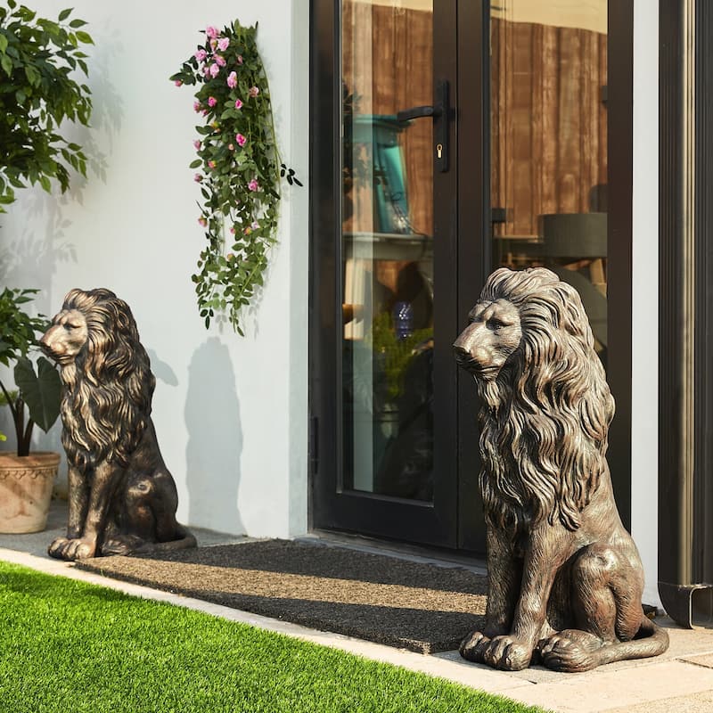 Glitzhome Set of 2 MGO Majestic Sitting Guardian Lion Statues Porch Sculpture Outdoor Indoor - 28" H Bronze
