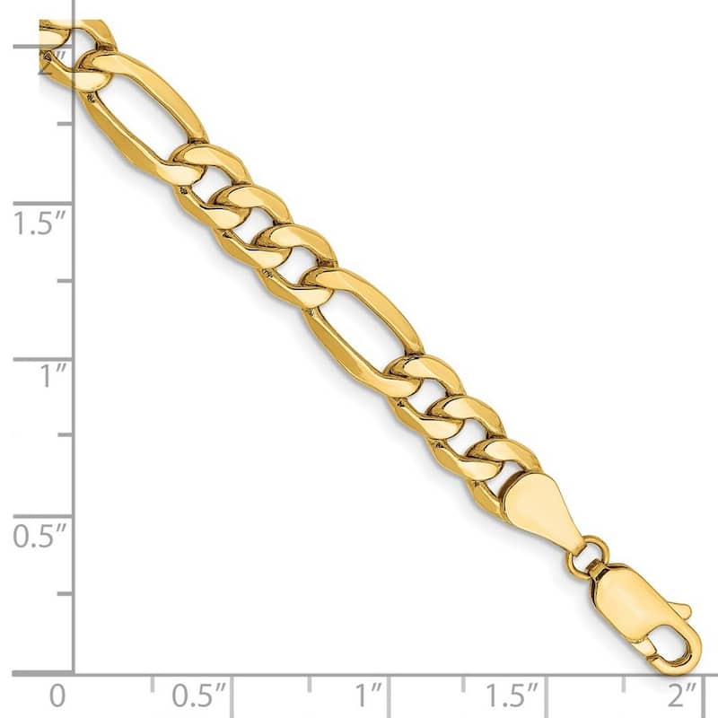 Curata 14k Yellow Gold Hollow Polished Lobster Claw Closure 6.6mm Semi solid Figaro Chain Bracelet