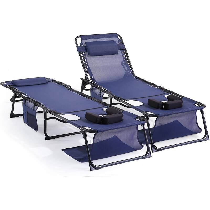Outdoor Lounge Chairs Set of 2, Teslin Folding Tanning Chair with 5-Position Reclining Back - Blue