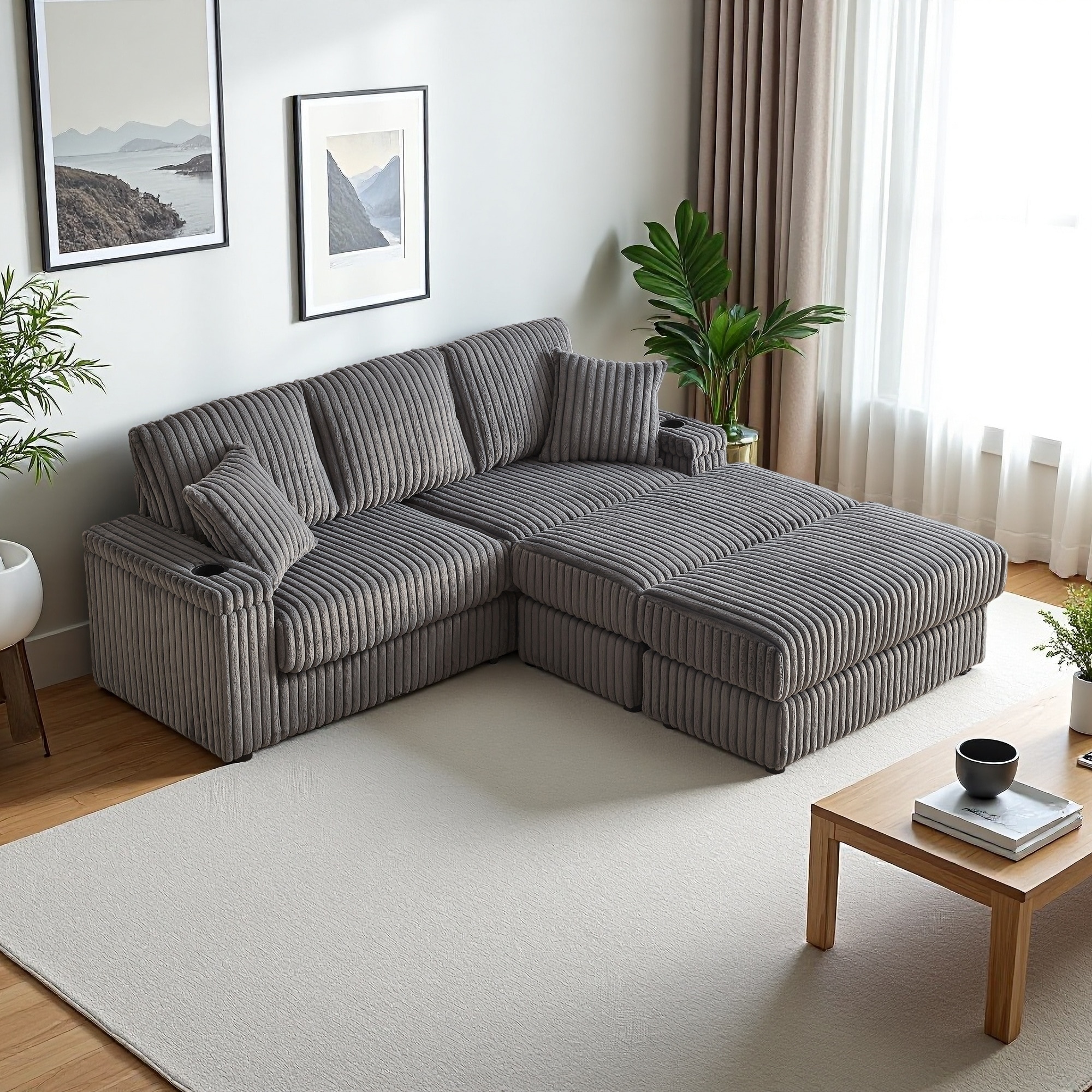84" Corduroy Sectional Sofa with Storage Ottomans and Cup Holders