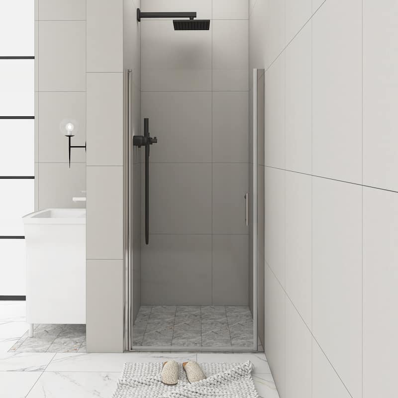 30/32/34/36 Inch Semi-Frameless Pivot Shower Door with Clear Tempered Glass - 34'' x 72'' - Chrome