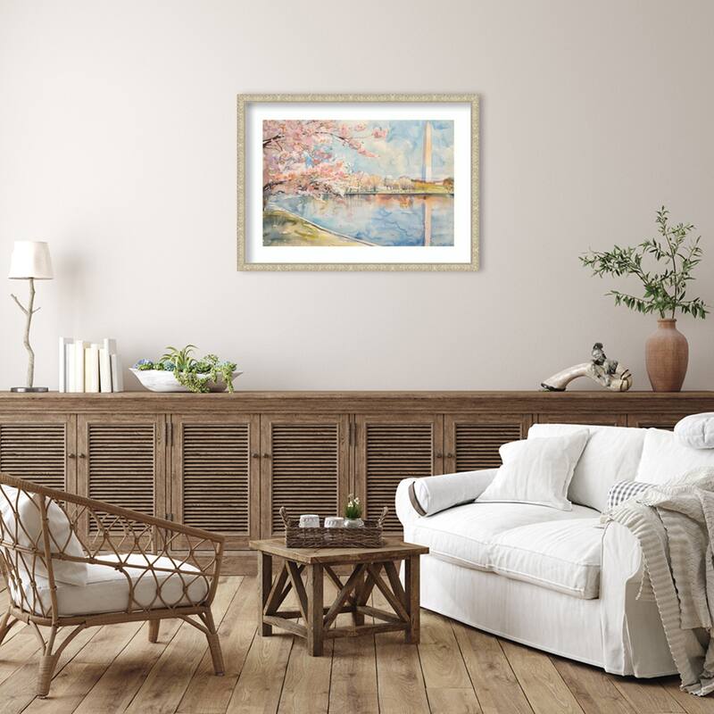 Cherry Blossoms Cityscape by Tradelink inhouse artist Wood Framed Wall Art Print - Lila Silver