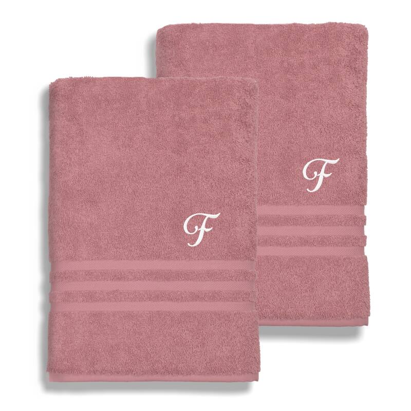 Authentic Hotel and Spa Omni Turkish Cotton Terry Set of 2 Tea Rose Bath Towels with White Script Monogrammed Initial - F