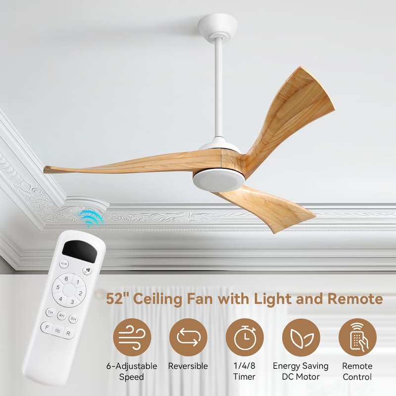 52" Wood Noiseless 3-Blade Ceiling Fans with Dimmable LED Light Optional and Remote, 6-Speed Reversible DC Motor