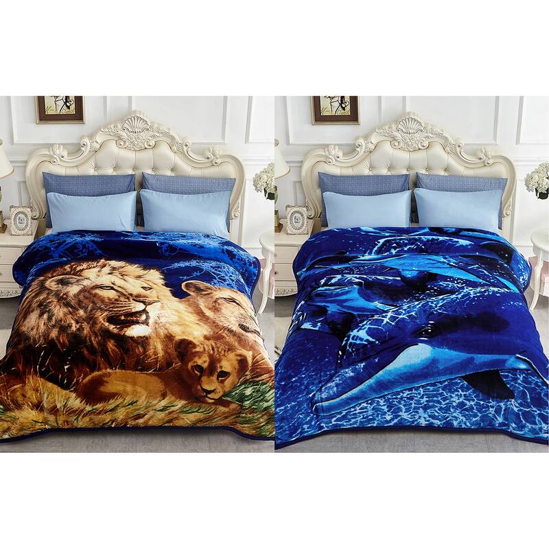 Reversible Mink Blanket Fluffy Fleece Blanket Different Pattern in Each Side - Queen - Lion & Dolphin