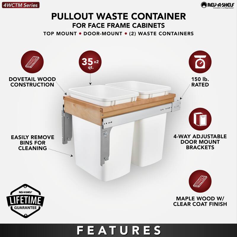 Rev-A-Shelf 4WCTM-12DM1-175 35-Qt Top Mount Pullout Waste Container Bin, White