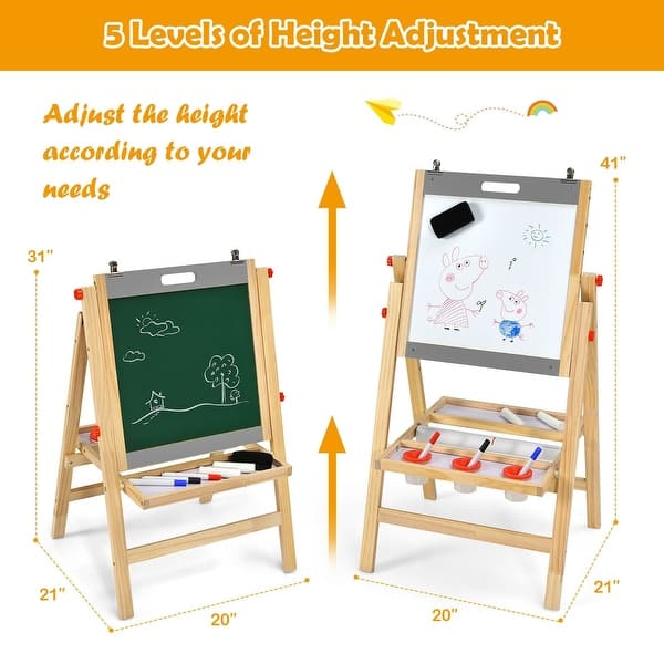 Kids Art Easel with Paper Roll Double Sided Chalkboard and Whiteboard - 20" x 21" x 31- 41" (L x W x H)